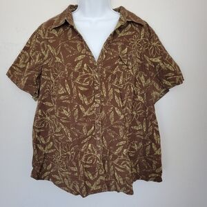 White Stag Vintage Stretch 2X 18W/20W Brown Button Up Shirt Green Leaf V-neck